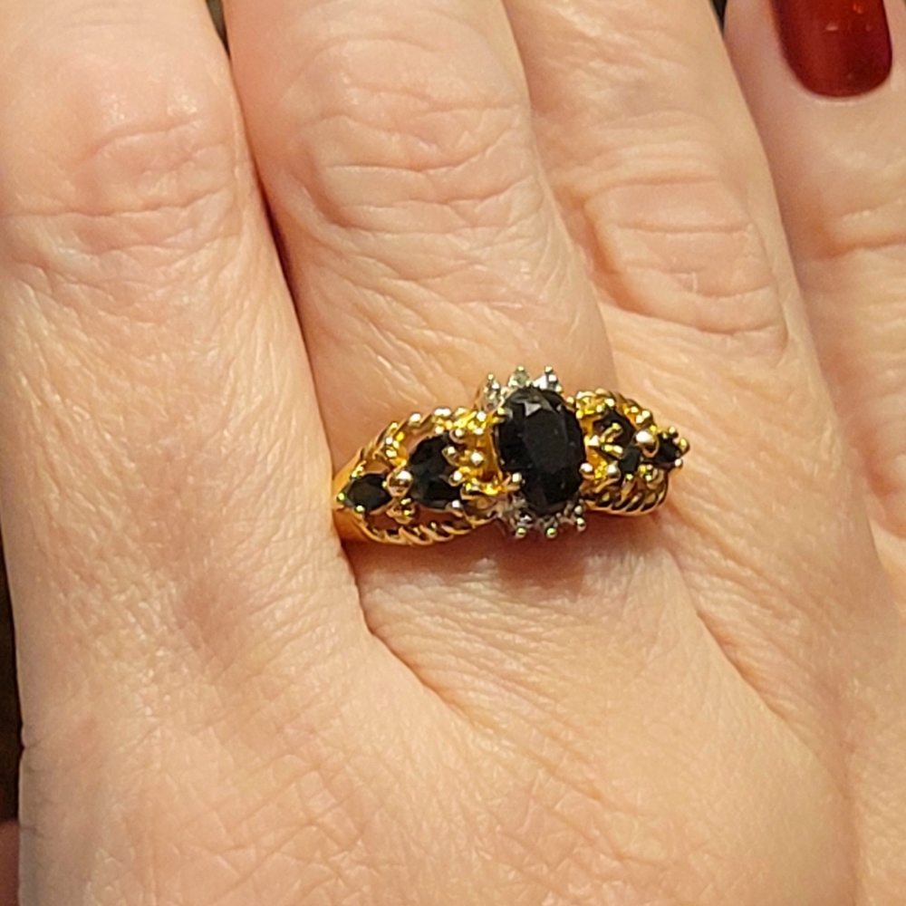 14k Yellow Gold, Blue Sapphire, and Diamond Ring- Size 8